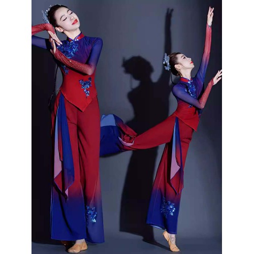 Blue Red Gradient Chinese folk Jiaozhou Yangge Dance costume Female ethereal Chinese national umbrella fan dance dresses Adult art test performance costumes